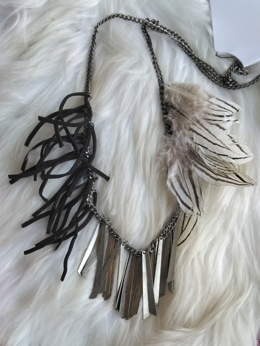 Feather & Leather Fringe Silver Statement Necklace - Black and Cream